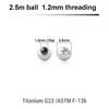 TYB12J25 Pack of 10 high polished titanium G23 balls with a 2.5mm diameter and a bezel set crystal, 1.2mm threading
