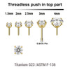 LTP05CZ Pack of 10 Gold PVD plated Titanium threadless push in labret tops with prong set round CZ
