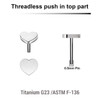 KTP05H3 Pack of 5 Titanium G23 threadless push in labret top with 3mm flat heart tops