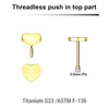 LTP05H3 Pack of 5 Gold PVD plated Titanium threadless push in labret top with 3mm flat heart tops