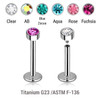 YLB12X23 Pack of 5 high polished titanium internally threaded labrets, Thickness 1.2mm, with a 3mm bezel set crystal round disk top