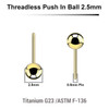 LYB05N25 Pack of 10 Gold PVD plated titanium balls with 2.5mm diameter for threadless push in post