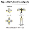 UTP12X10 Pack of 5 Gold PVD plated Titanium G23 Internally threaded labret tops with 4 round prong set CZ stones, Thread size 0.9mm