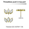 LTP05X03 Pack of 5 Gold PVD plated Titanium threadless push in labret top with 3 marquis cut prong set CZ stones
