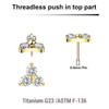 LTP05X07 Pack of 5 Gold PVD plated Titanium threadless push in labret trinity top with 3 round prong set 2mm CZ stones