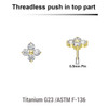 LTP05X10 Pack of 5 Gold PVD plated Titanium threadless push in labret top with 4 round prong set 1.5mm CZ stones