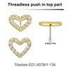 LTP05X12 Pack of 5 Gold PVD plated Titanium threadless push in labret top with CZ studded heart shaped top