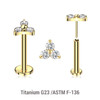 LLBXXX07 Pack of 5 Gold PVD plated Titanium threadless push in labrets, with a trinity top with three 2mm prong set CZ stones