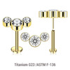 LLBXXX08 Pack of 5 Gold PVD plated Titanium threadless push in labrets, with an elongated top with three bezel set crystals