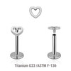 YLB12X26 Pack of 5 high polished titanium internally threaded labrets, Thickness 1.2mm, with a top in a plain heart design
