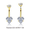 UBN16CZ5H8 Wholesale pack of 3 Gold PVD titanium internally threaded belly bananas, Thickness 1.6mm, with a lower 8mm prong set heart CZ and a upper 5mm prong set round CZ