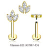 ULB12X15 Pack of 5 Gold PVD plated titanium internally threaded labrets, Thickness 1.2mm, with a leaf shaped top with 3 marquis cut prong set CZ stones