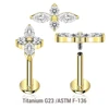 ULB12X30 Pack of 5 high 5 gold PVD plated titanium internally threaded labrets, Thickness 1.2mm, with a top with 2 round and 2 marquis prong set CZ stones