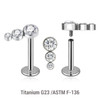 YLB12X35 Pack of 5 high polished titanium internally threaded labrets, Thickness 1.2mm, with a top with 3 small round disk with bezel set crystals