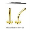 UYCL12N Pack of 5 Gold PVD plated titanium internally threaded curved labret posts with 4mm base plate, thickness 1.2mm