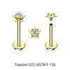 ULB12X31 Pack of 5 gold PVD plated titanium internally threaded labrets, Thickness 1.2mm, with a top in a flat star shape with a single bezel set central crystal