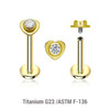 ULB12X32 Pack of 5 gold PVD plated titanium internally threaded labrets, Thickness 1.2mm, with a top in a flat heart shape with a single bezel set central crystal