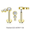 ULB12X35 Pack of 5 gold PVD plated titanium internally threaded labrets, Thickness 1.2mm, with a top with 3 small round disk with bezel set crystals