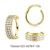 ESG12HX10 Pack of 3 Gold PVD plated Titanium hinged segment rings with a triple line of outward facing prong set CZ stones, Thickness 1.2mm