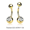 UBN16B5J8 Wholesale Pack of 5 Gold PVD plated Titanium G23 internally threaded belly bananas, Thickness 1.6mm, with plain titanium 5mm top ball and lower 8 mm bezel set crystal ball