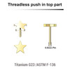 LTP05ST3 Pack of 5 Gold PVD plated Titanium threadless push in labret top with 3mm flat star tops
