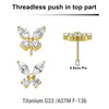 LTP05X04 Pack of 5 Gold PVD plated Titanium threadless push in labret top in butterfly shape with prong set CZ stones