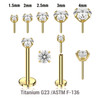 LLB01CZ Pack of 5 Gold PVD plated Titanium threadless push in labrets, Thickness 1mm, with prong set round CZ stones