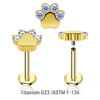 ULB12X39 Pack of 5 gold PVD plated titanium internally threaded labrets, Thickness 1.2mm, with a top in a paw design with 4 small CZs