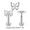 YLB12X40 Pack of 5 high polished titanium internally threaded labrets, Thickness 1.2mm, with a top in a butterfly design with CZ body