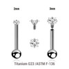 YBA12CZQS Pack of 5 high polished titanium internally threaded tragus barbells, Thickness 1.2mm, with a top prong set square CZ stone and a lower 3mm plain ball