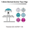 TDT14FC5 Pack of 10 ASTM F-136 Titanium 5mm flat disk dermal anchor tops with ferido glued crystal with epoxy resin cover, internal thread size 1.2mm for 1.6mm (14g) dermal anchors