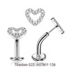 KCL16X12U Pack of 5 high polished Titanium ASTM F-136 threadless floating belly labrets with convex base plate, Thickness 1.6mm with a CZ studded heart top