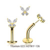 LCL16X04U Pack of 5 Gold Pvd plated Titanium ASTM F-136 threadless floating belly labrets with convex base plate, Thickness 1.6mm with butterfly-shaped top with prong set CZ stones
