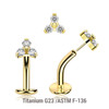 LCL16X07U Pack of 5 Gold Pvd plated Titanium ASTM F-136 threadless floating belly labrets with convex base plate, Thickness 1.6mm with a trinity top with three 2mm prong set CZ stones