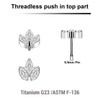 KTP05X15 Pack of 5 Titanium ASTM F-136 threadless push in labret tops with leaf shaped top with 3 marquis cut prong set CZ stones
