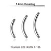 TYBN12N Piercing studio supplies: Pack of 25 pcs. of eyebrow banana posts in high polished titanium G23, thickness 1.2mm