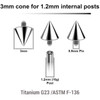 YYC12N3 Pack of 25 high polished titanium cones with 3mm diameter for 1.2mm internally threaded post