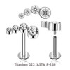YLB12X05 Pack of 5 high polished titanium internally threaded labrets, Thickness 1.2mm, with elongated top with 4 bezel set CZ stones