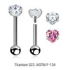 YBA12CZHS Pack of 5 high polished titanium internally threaded helix barbells, Thickness 1.2mm, with a prong set heart shaped CZ stones and a lower 3mm plain ball