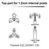 YTP12X07 Pack of 5 Titanium Internally threaded labret tops in trinity design with 3 round prong set 2mm CZ stones, Thread size 0.9mm