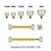 UBA12CZ Pack of 5 Gold PVD plated titanium internally threaded barbells, Thickness 1.2mm, with two prong set CZ stones