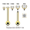 UBA12CZS Pack of 5 Gold PVD plated titanium internally threaded barbells, Thickness 1.2mm, with a top prong set CZ stone and a lower 3mm plain ball