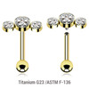 UBA12X08 Pack of 3 Gold PVD plated titanium internally threaded barbells, Thickness 1.2mm, with an elongated top with three bezel set crystals and a lower 3mm plain ball UBA12X08 Pack of 3 Gold PVD plated titanium internally threaded barbells, Thickness 1.2mm, with an elongated top with three bezel set crystals and a lower 3mm plain ball