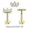 ULB12X03 Pack of 5 Gold PVD plated titanium internally threaded labrets, Thickness 1.2mm, with a top with 3 marquis cut prong set CZ stones