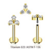 ULB12X07 Pack of 5 Gold PVD plated titanium internally threaded labrets, Thickness 1.2mm, with a trinity top with three 2mm prong set CZ stones