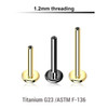 UYLB12N Pack of 5 internally threaded labret posts in PVD plated titanium, thickness 1.2mm UYLB12N Pack of 5 internally threaded labret posts in PVD plated titanium, thickness 1.2mm