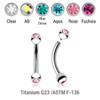 YBN12BJ3 Pack of 5 high polished titanium internally threaded eyebrow bananas, Thickness 1.2mm, with two 3mm bezel set crystal balls