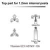 YTP12X09 Pack of 5 Titanium Internally threaded labret tops in trinity design with 3 round prong set 1.5mm CZ stones, Thread size 0.9mm