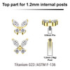 UTP12X04 Pack of 5 Gold PVD plated Titanium G23 Internally threaded labret tops in butterfly shape with prong set CZ stones, Thread size 0.9mm