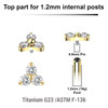 UTP12X07 Pack of 5 Gold PVD plated Titanium G23 Internally threaded labret trinity tops with three 2mm prong set CZ stones, Thread size 0.9mm